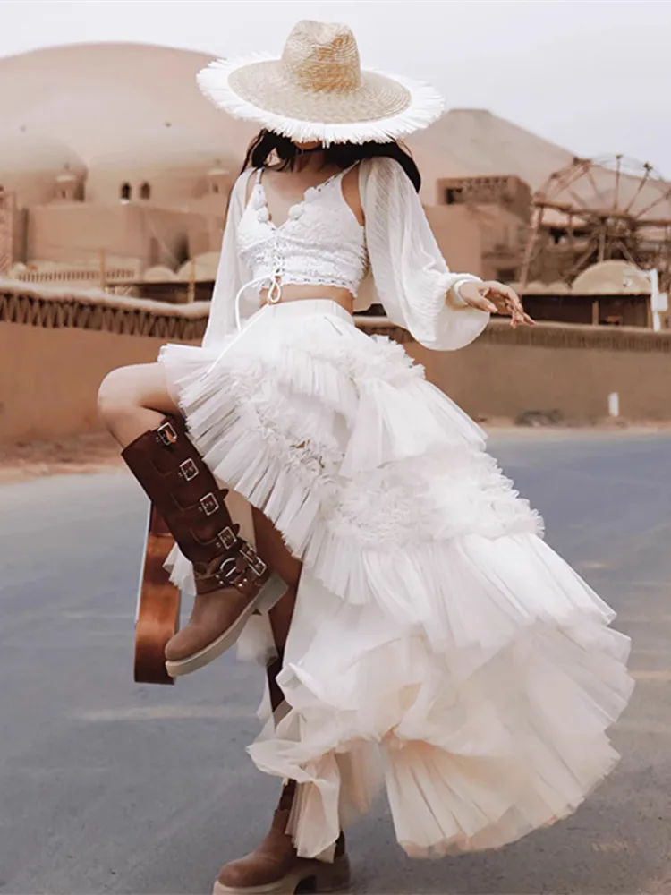 62-84cm 허리 여름 스커트 여성 로맨틱 럭셔리 연꽃 잎 가장자리 메쉬 버블 스커트 짧은 전면 긴 후면 불규칙한 케이크 스커트