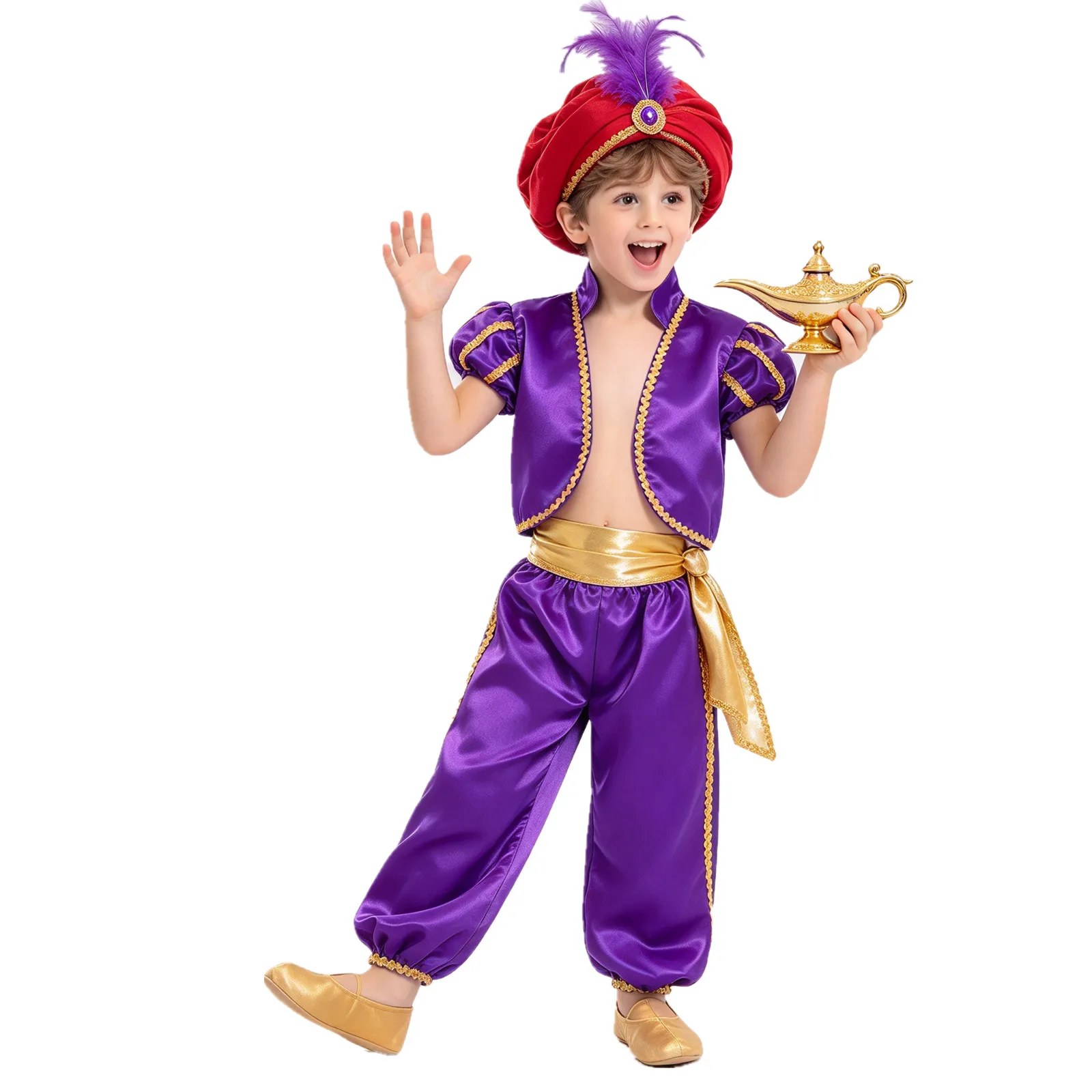 Disfraz de Príncipe Árabe para Niños, con Temática de Halloween, Carnaval, Lámpara Mágica, Elfo, Chaleco de Satén con Cuello Alto y Manga Corta