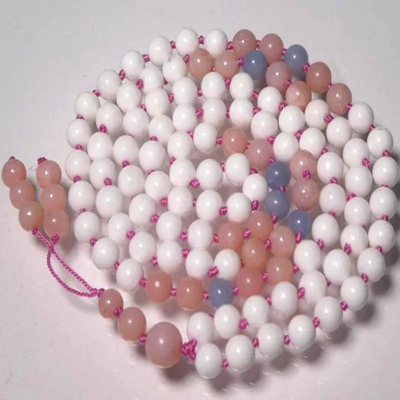 

Natural White Jade & Rose Quartz Mala Beads Necklace 108 Beads with Pink Cord Healing Crystal Jewelry
