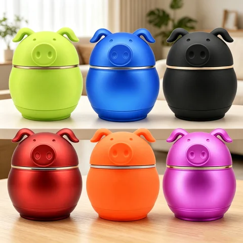 Cute Pig Herb Grinder 4 Layers Drum‑Shaped Zinc Alloy Metal Grinder Rubber Matte Paint Surface Tobacco Spice Crusher Smokiing