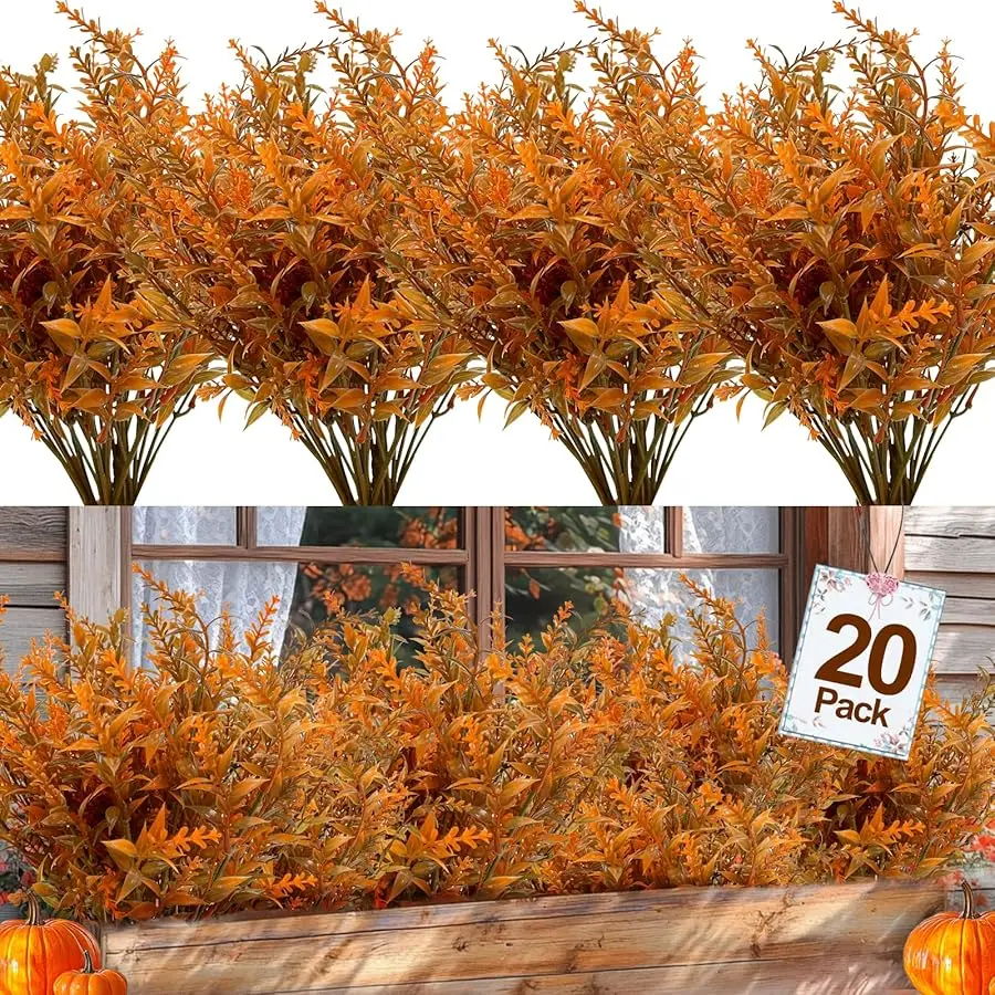 

20 Bundles Artificial Fall Flowers for Outdoors Fall Decorations, UV Resistant Artificial Lavender Plastic Faux Flowers Fake Mum