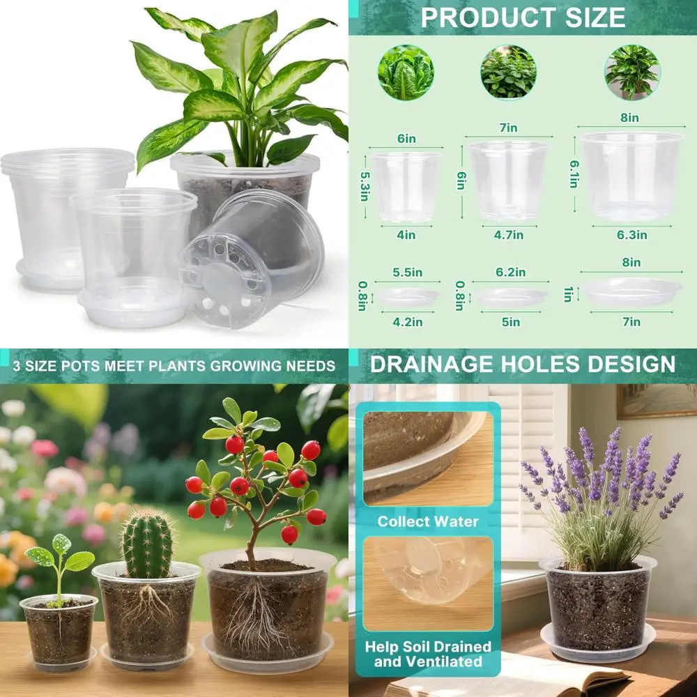 

8/7/6 Inch Clear Nursery Pots with Drainage and Trays, 9 Pack Large Plastic Pots for Plant, Seedling Starter Pot, Garden Pots fo
