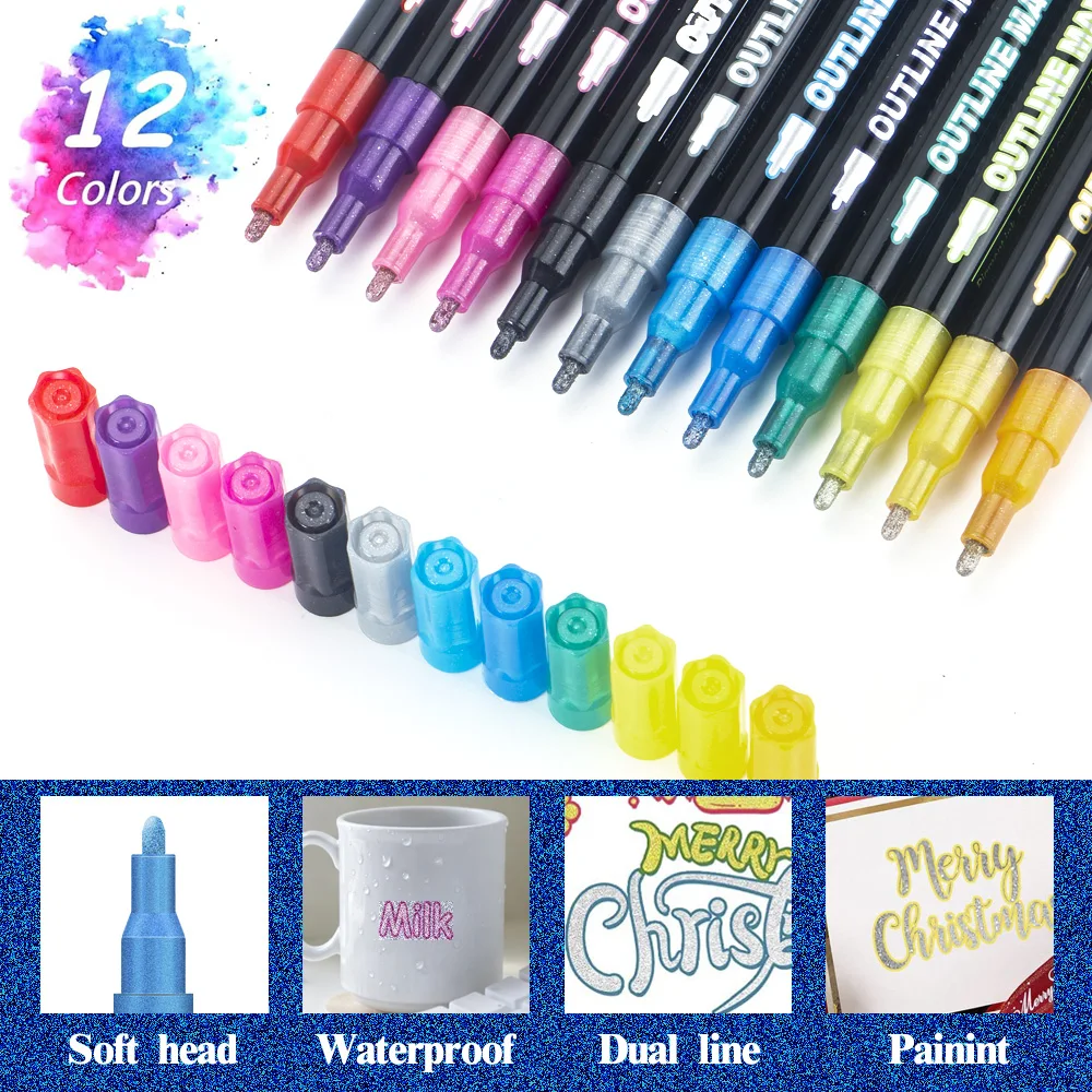 8/12 Farben Acryl Marker Doppellinie Umriss Marker Traum Glänzend Für Weihnachten Malerei Tägliche Zeichnung DIY Schreiben Grußkarte