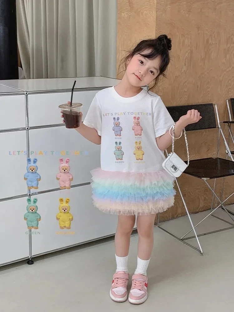 2-10 Years Kids Summer Dresses for Girls Layered Cartoon Short Sleeve Dress Children Clothing Toddler Baby Outfits 6 8 9