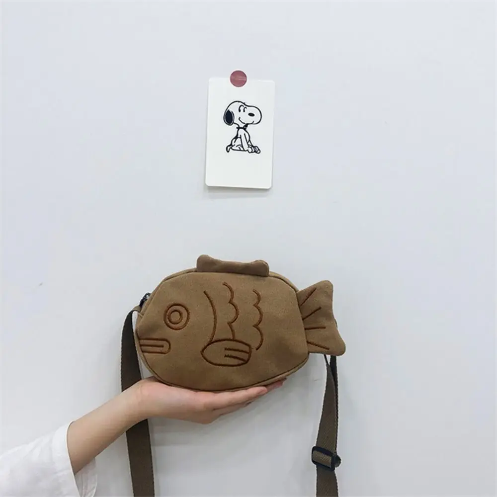 Cute Canvas Messenger Bag Creative Cartoon Embroidery Fish Shape Bag Portable with Shoulder Strap Zippered Small Purses
