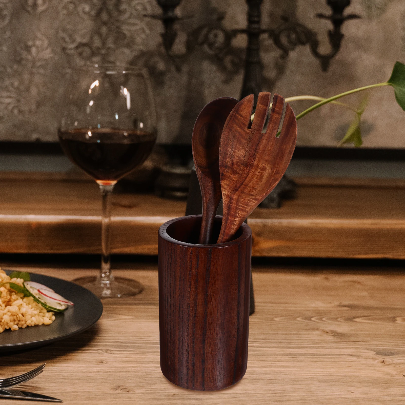 

1 set 1 Set Of Salad Fork Set Wooden Cooking Spoons Kitchen Utensil Holder Cutlery Storage Dining Table Organizer Wood Cooking