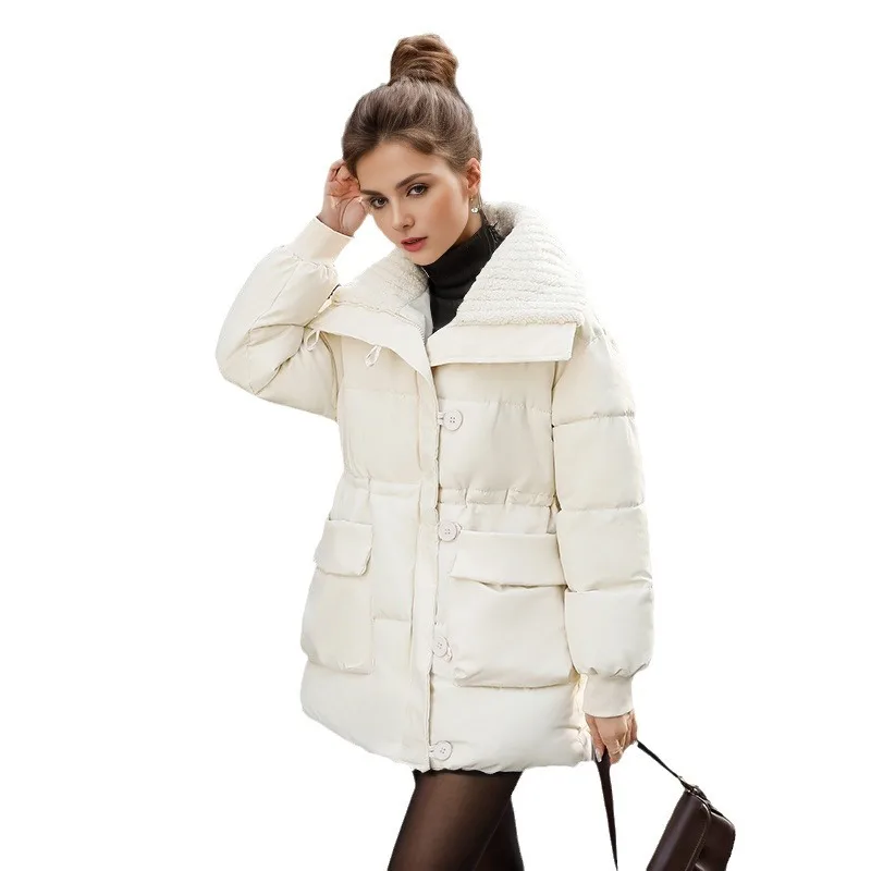 Lamb Wool Lapel Cotton Jacket For Women Long Style 2024 Winter Female Cotton Jacket 2 Pocket Thicken Warm Coats Women\'s Jacket