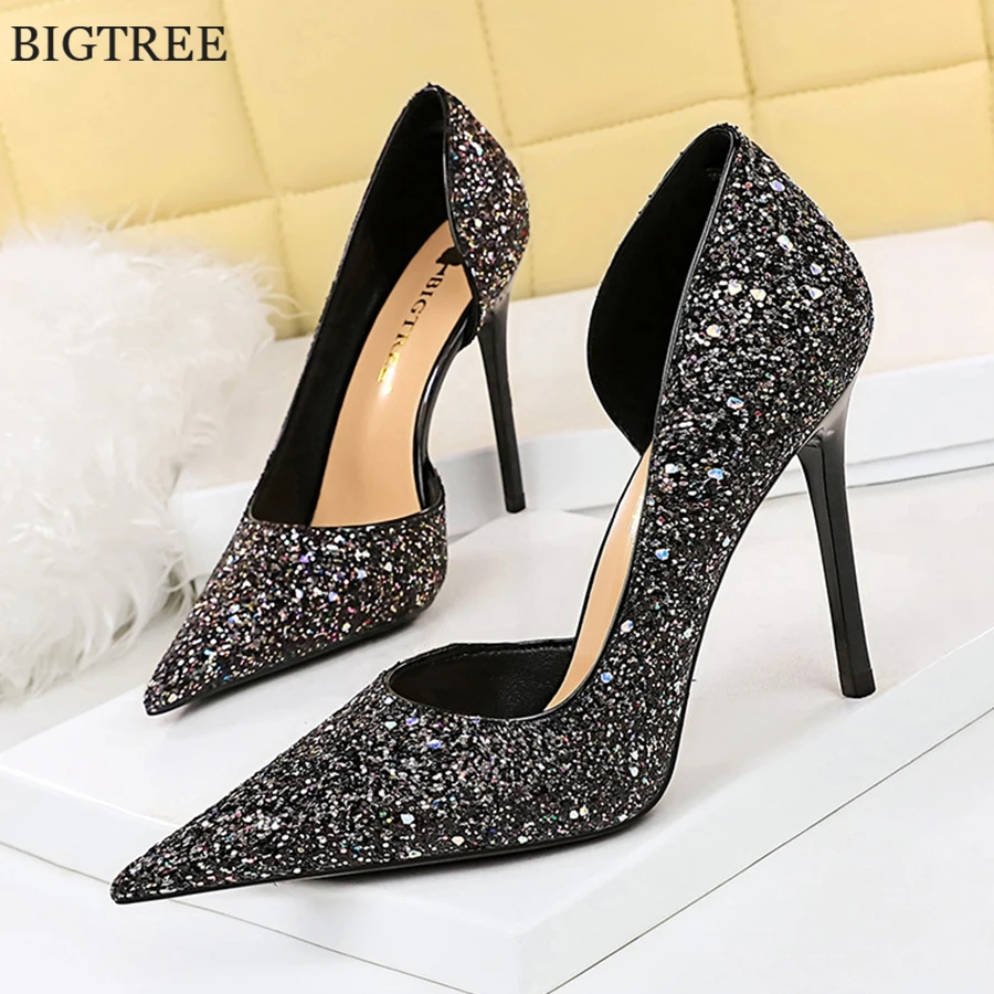 

7/10.5cm Heel Fashion Sequins Wedding Women Pumps New Autumn Pointy Toe High Heels Stiletto Black Side Hollow Ladies Party Shoes