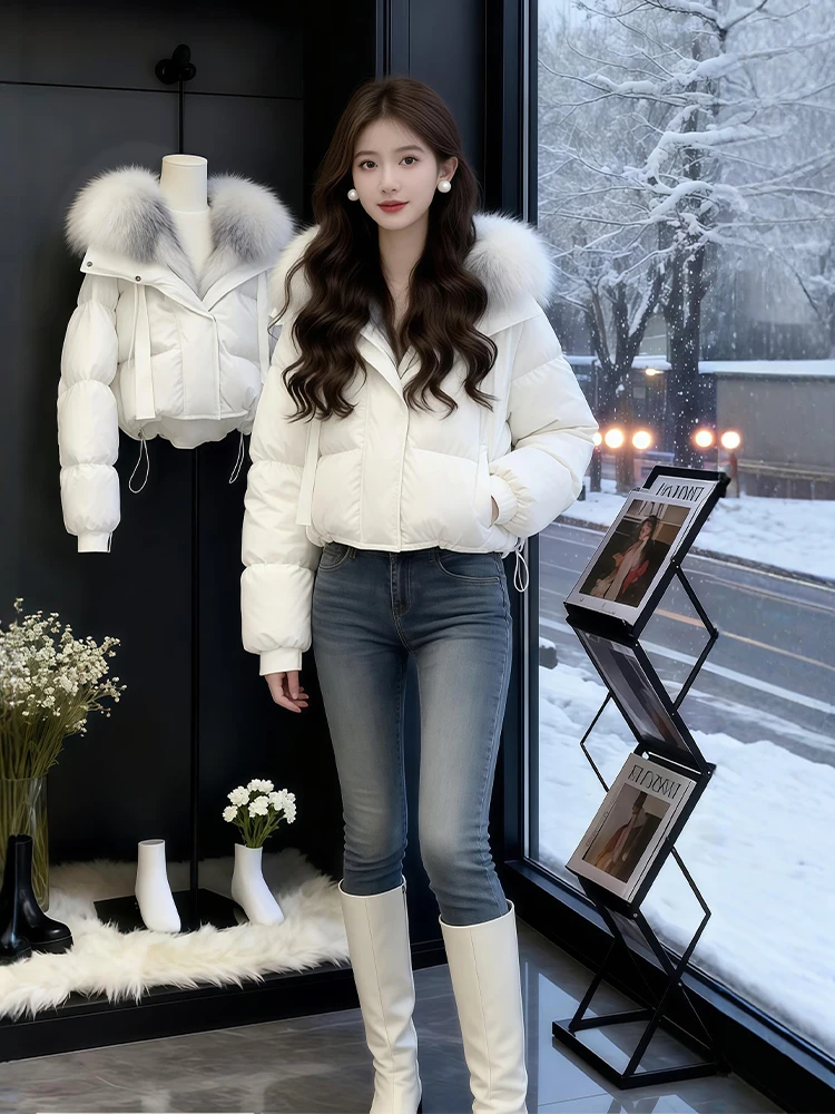 

Trendy Winter Thickened Warm Cotton Jacket Coat with Hat Fur Collar Women's Loose Fit Short Style Polyester Fiber Fill