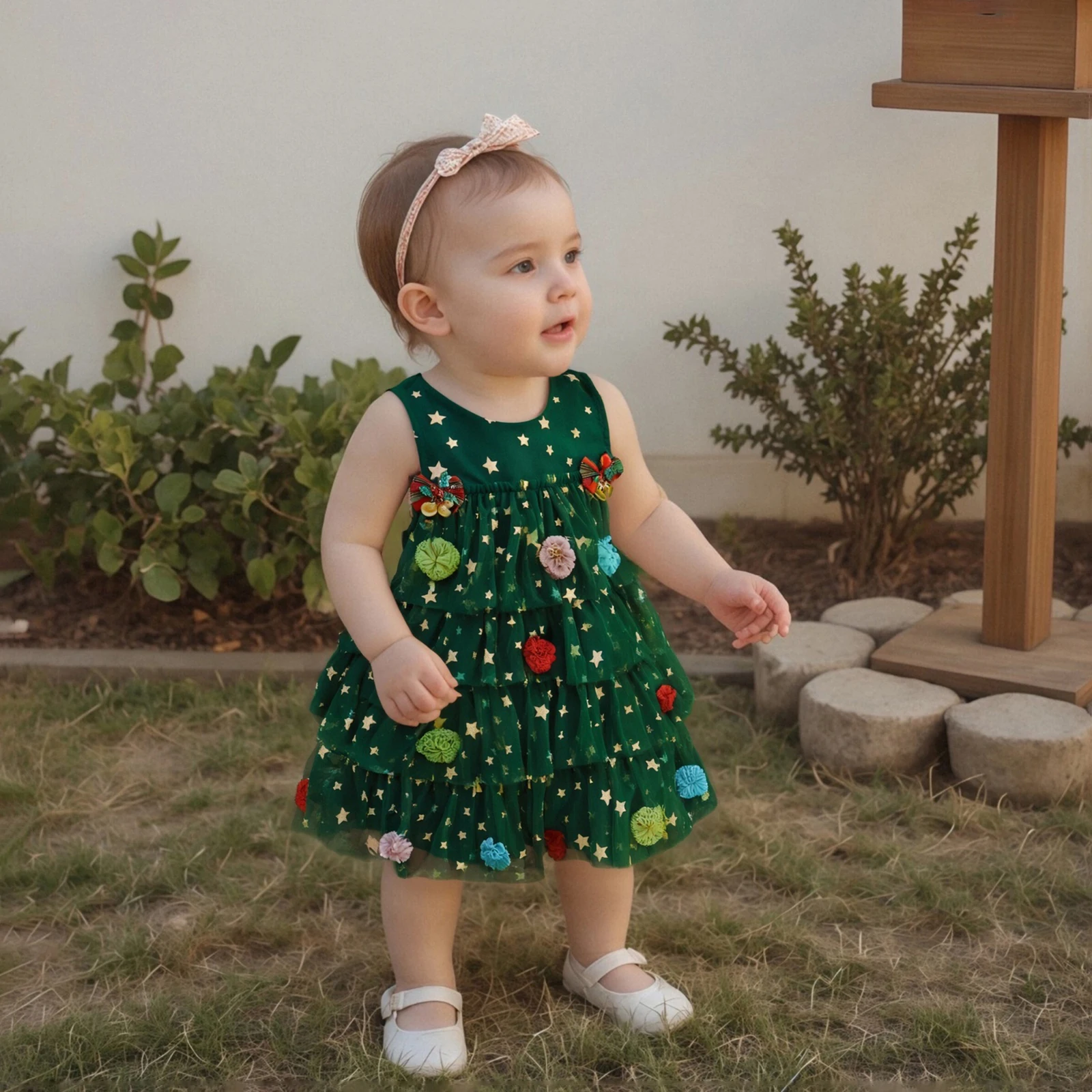 FOCUSNORM 2 ألوان عيد الميلاد الاطفال الفتيات الطبقات فستان 1-6Y بلا أكمام لامعة نجوم الدانتيل تول زي فستان الشمس مع أجراس #3