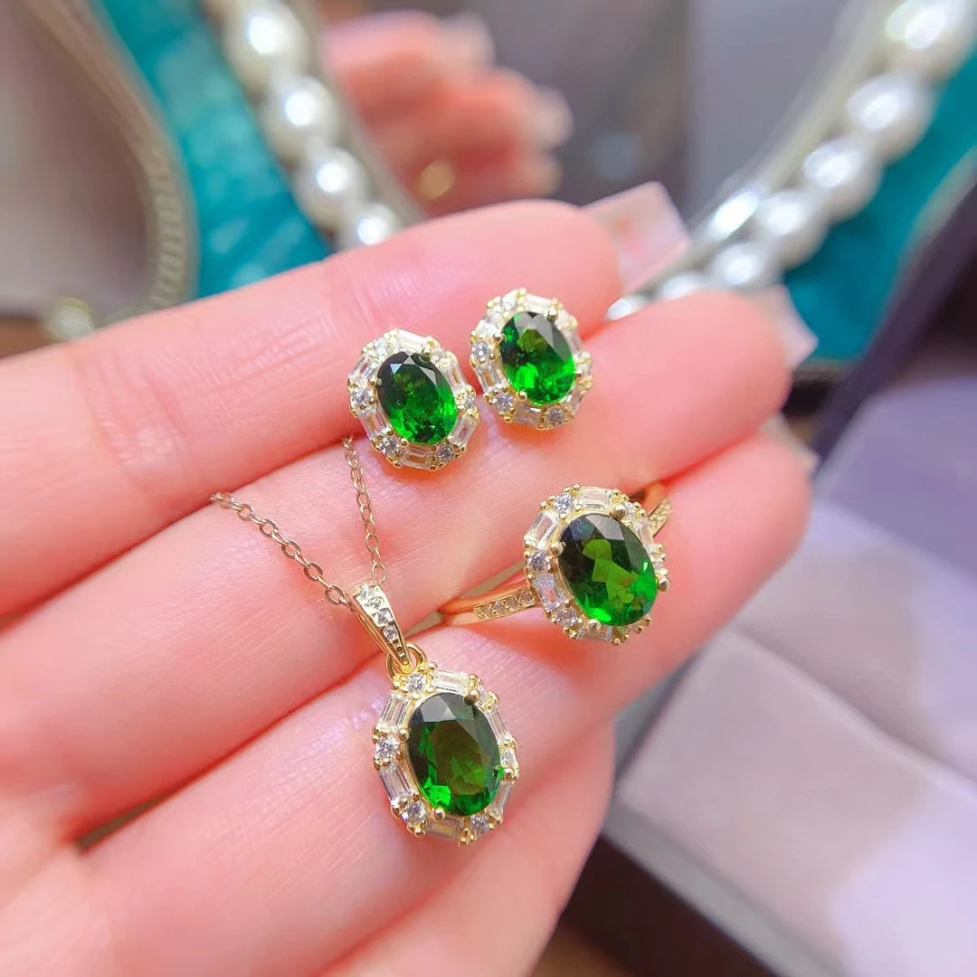 

KJJEAXCMY Fine Jewelry Natural Diopside Women's Ring Earring Necklace Set S925 Pure Silver Inlaid High Clarity Support Testing