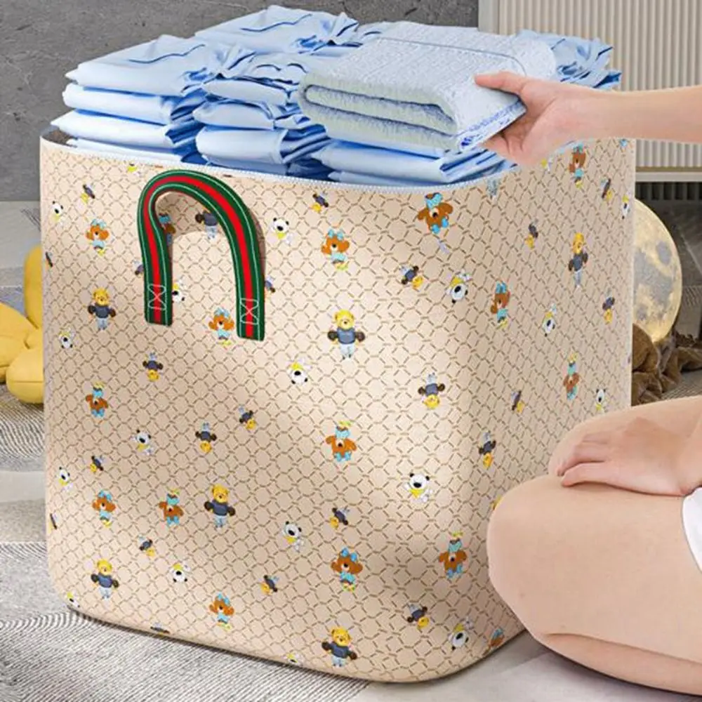 Non-woven Fabric Checkered Bear Pattern Storage Bag Large Capacity Foldable Cotton Quilt Storage Bag Space Saving Dustproof