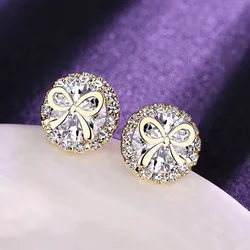 Huitan Elegant Sweet Bowknot Stud Earrings for Women Gorgeous Sparkling Cubic Zirconia Accessories Exquisite Engagement Jewelry