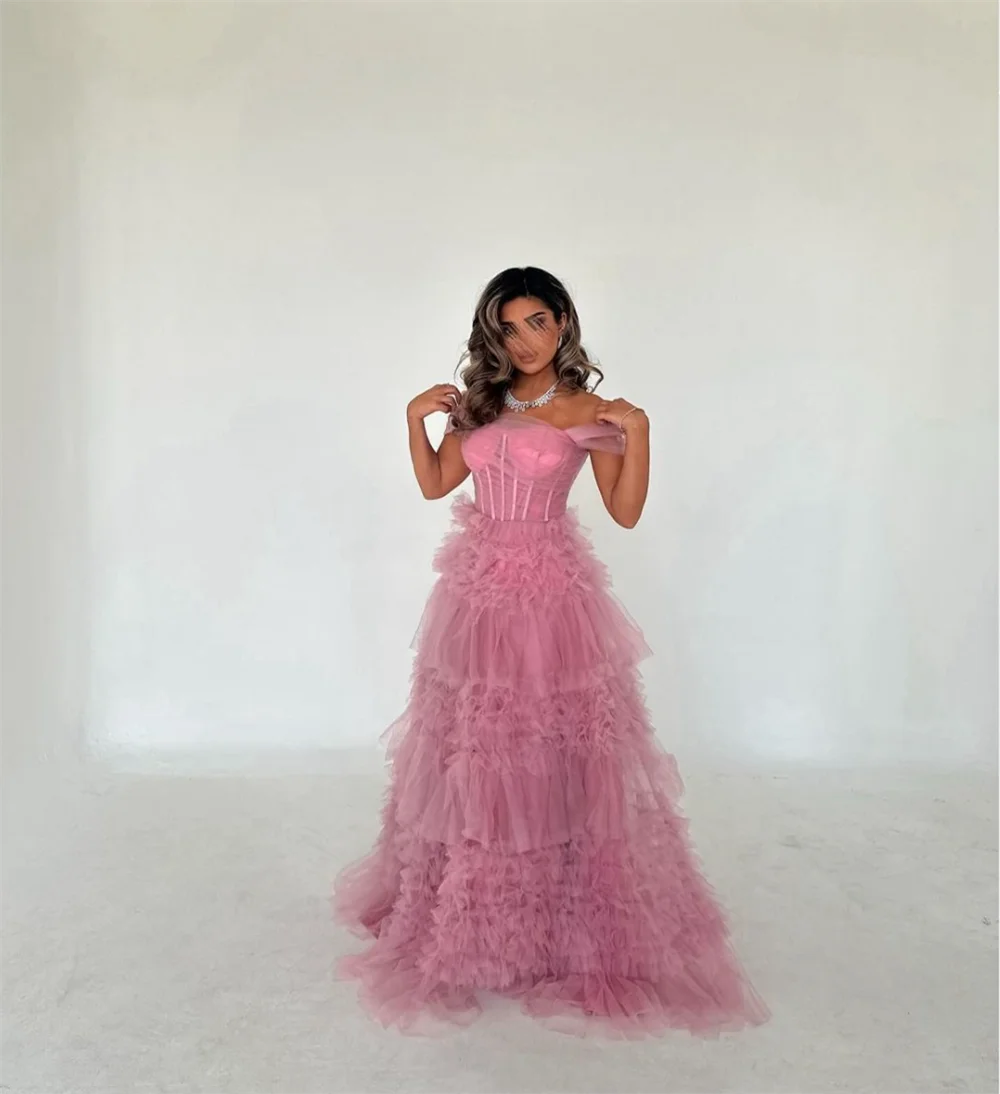 Annie abito da sposa blu scuro fatto a mano multistrato Tulle eleganti abiti da ballo coccinella Sexy abiti da occasione su misura con spalle scoperte