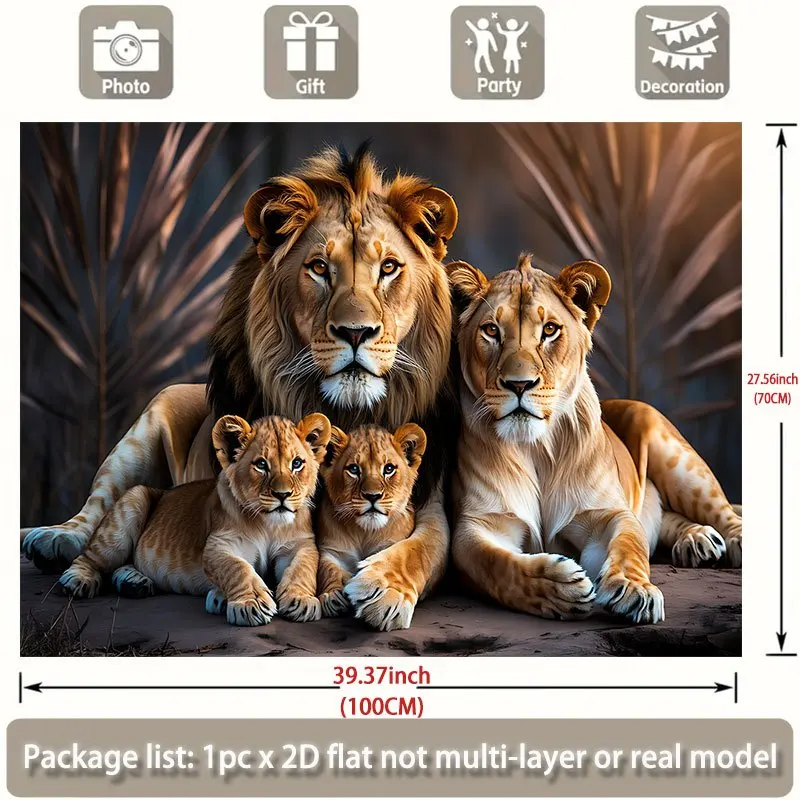 2D Flat, Lion Family Portrait Cubs Adult Wildlife Safari Tapestry Animal Lover Gift Wall Art Kids Room Decor African Nature