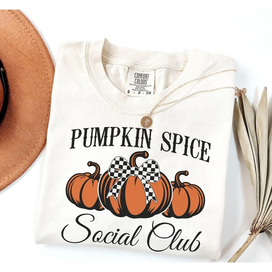 Vintage Pumpkin Spice Social Club Checkered Bow Pumpkin Graphic T Shirt Unisex Cotton Short Sleeve Fall Autumn Casual Tee