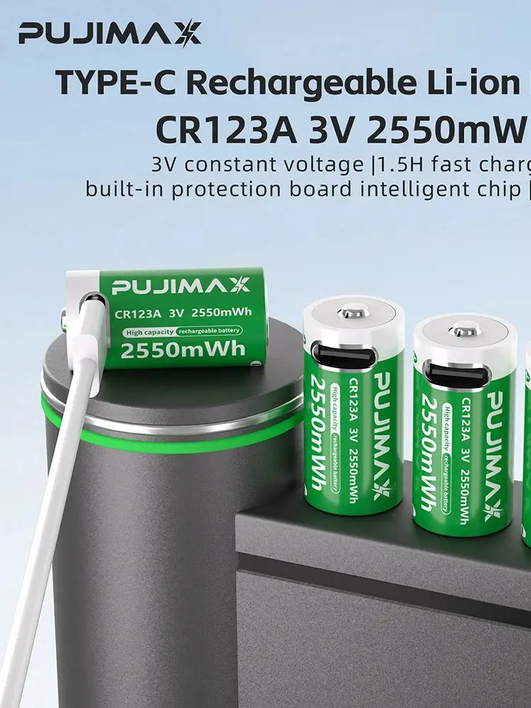 Baterie PUJIMAX CR123A z kablem USB-C do szybkiego ładowania - ogniwa litowo-jonowe o wysokiej pojemności 2550 mWh do latarków i aparatów — zdjęcie produktu 7