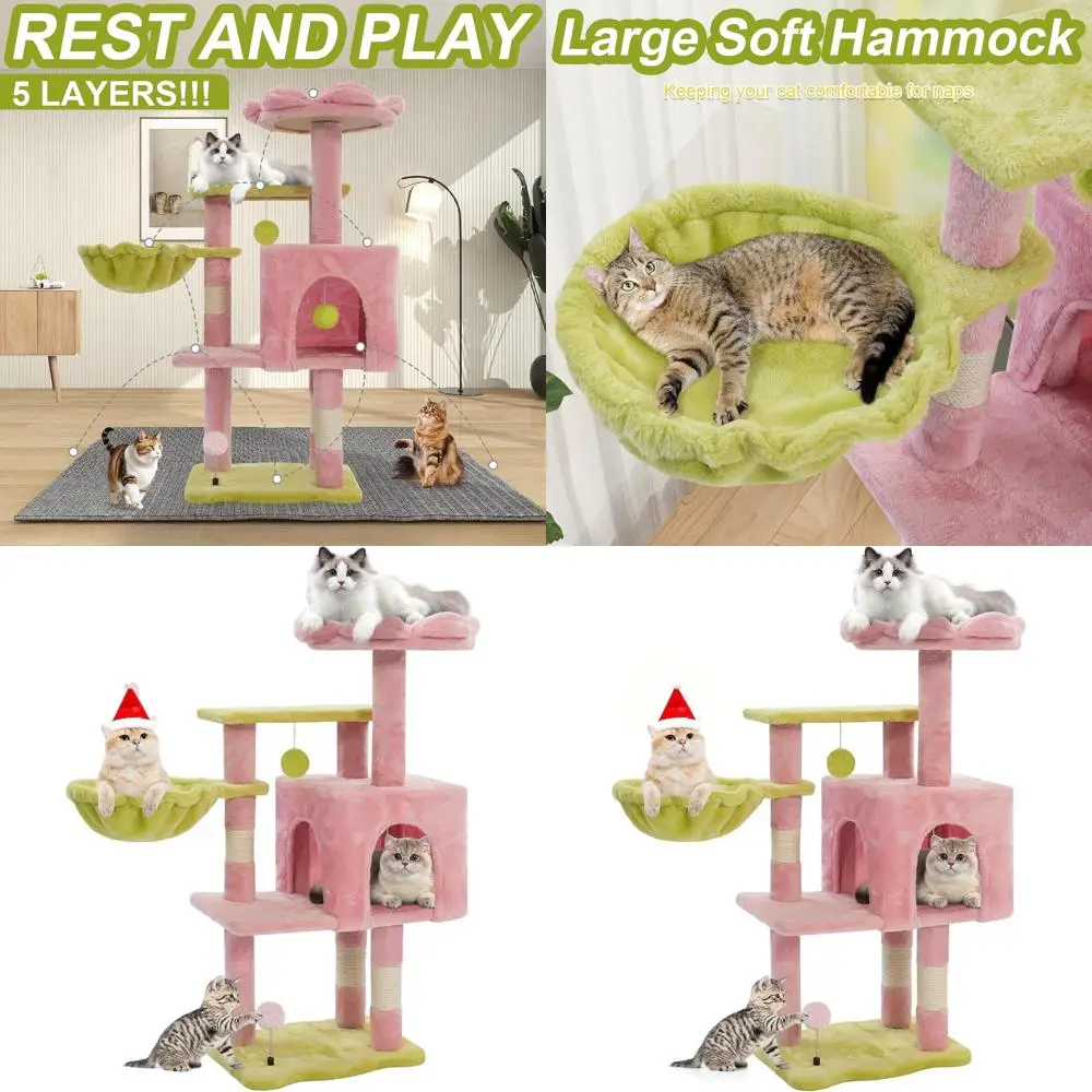 

Когтеточка-башня для кошек розового цвета, 41 дюйм в высоту, с металлическим гамаком, большая когтеточка для взрослых кошек