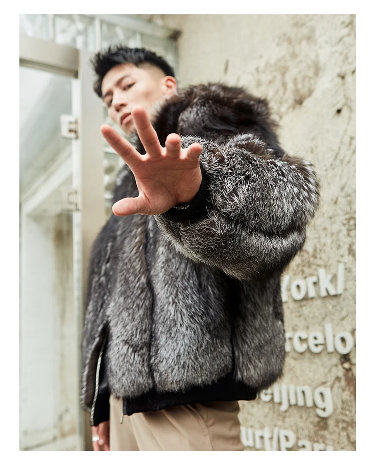 Hot Sale Frist-rate Men's Silver Fox Fur Jacket Coat High Quality Mens Loose Silver Fox Fur Coat