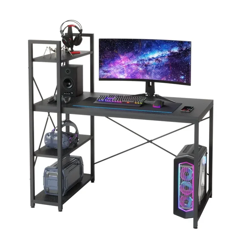 

Inch Computer Gaming Desk with Shelves Black Carbon Fiber