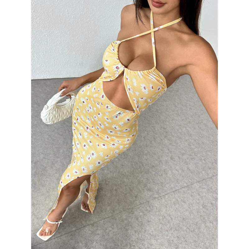 

2025Women's Spring Summer Independent Station Strap Dress with High Slit and Daisy Print, Slim Fit and Gentle Style
