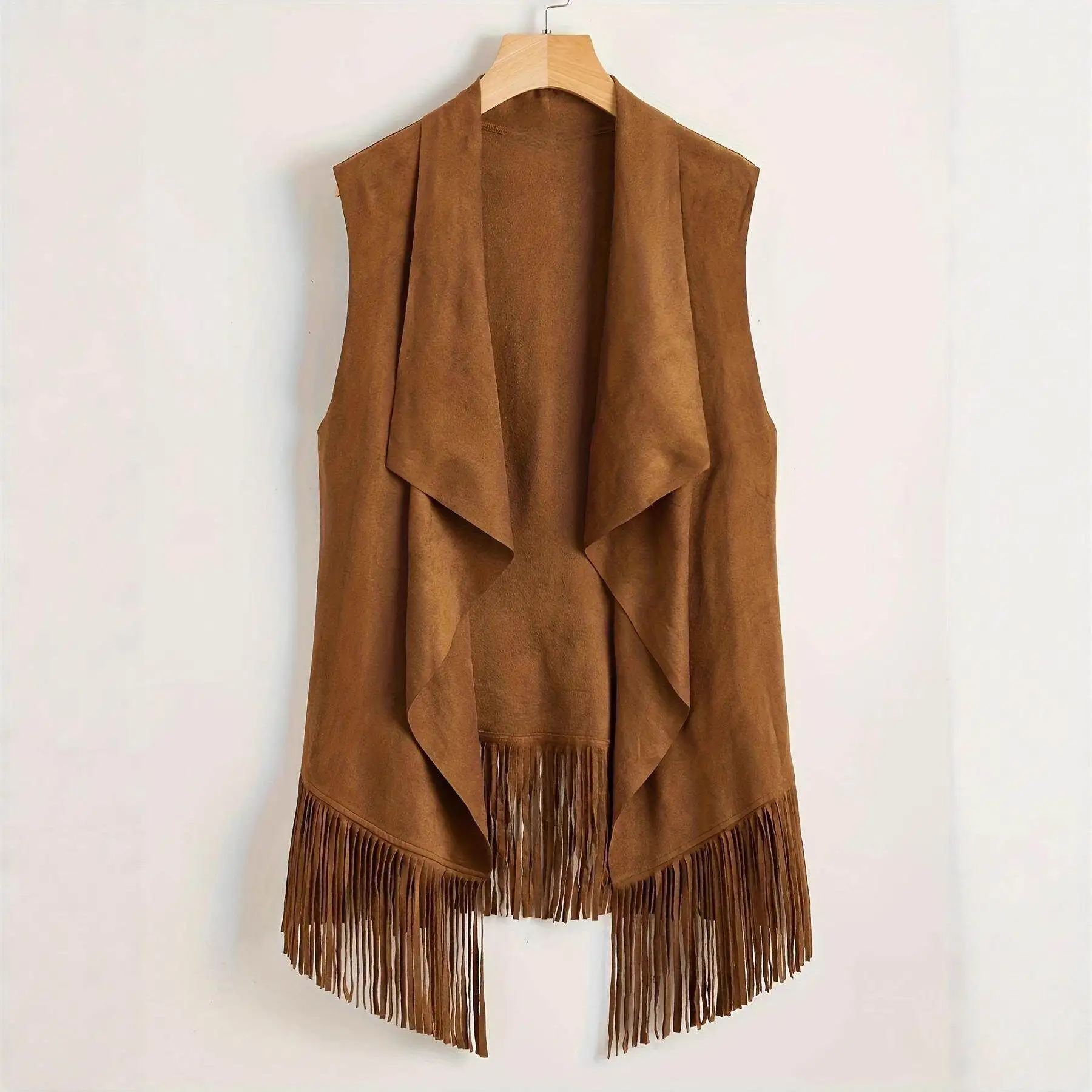 

Женский кожаный жилет с бахромой, удлиненный, из замши, без пуговиц, модное осеннее пальто средней длины