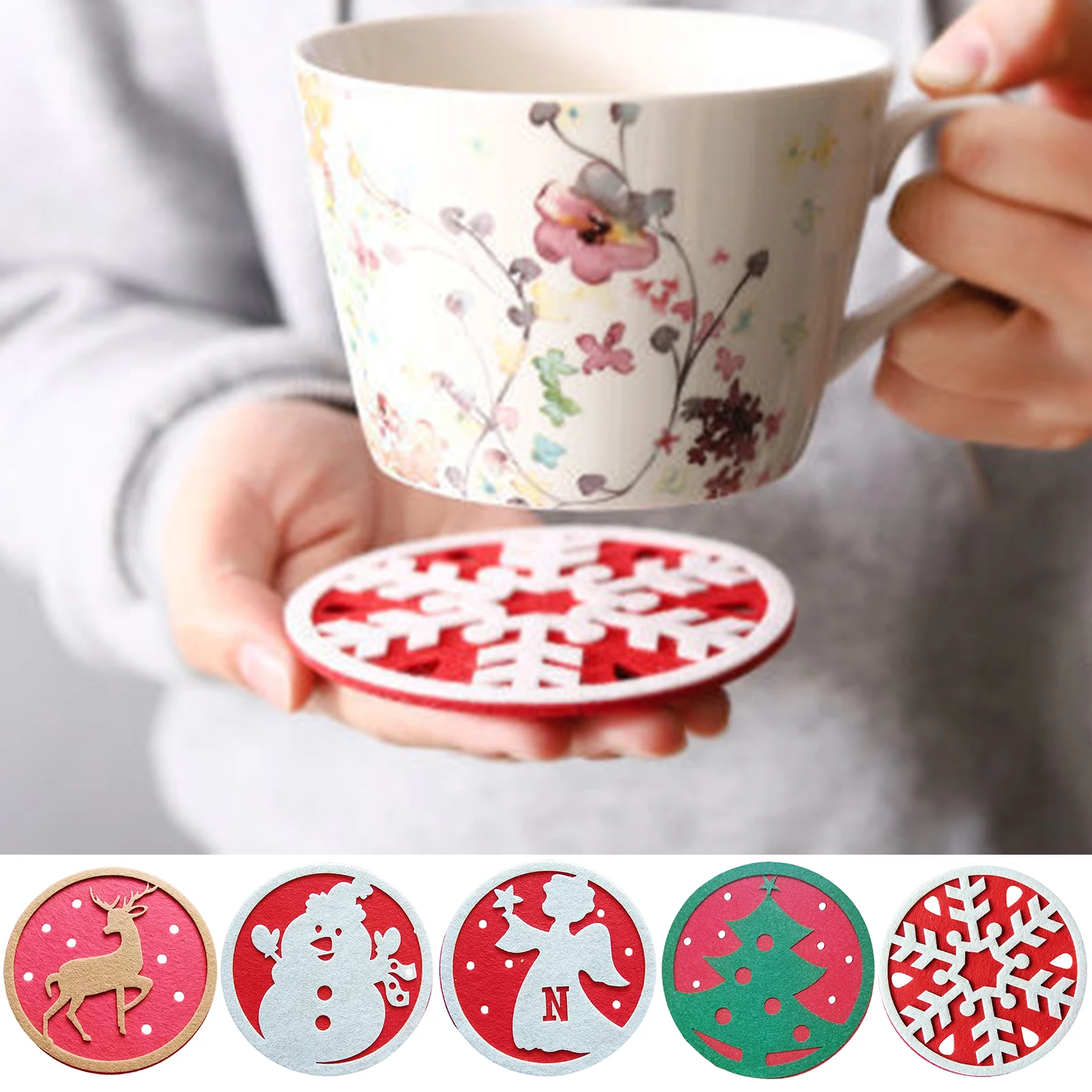 

Christmas Felt Coasters Christmas Cup Mat Snowflake Christmas Tree Shape Dinner Table Coasters Dish Pad New Year Bowl Pads 3Pcs