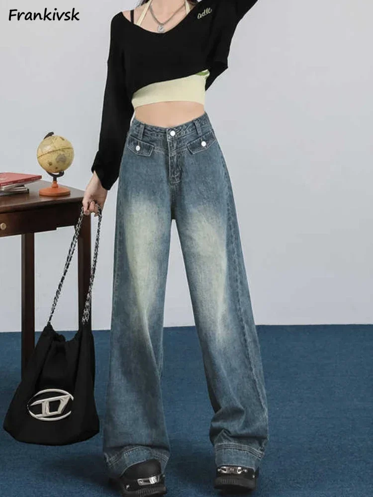 Autumn Jeans Women Baggy All-match American Retro Wide-leg Denim Trousers High Street Hotsweet Draping Mopping Aesthetic Popular