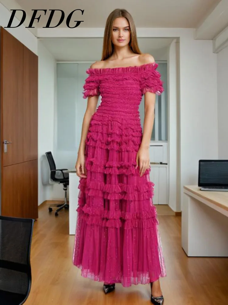 DFDG Elegant Wind Wood Ear Design With One Shoulder 2024 Spring And Summer New Style Mesh Wave Dot Long Dress For Women