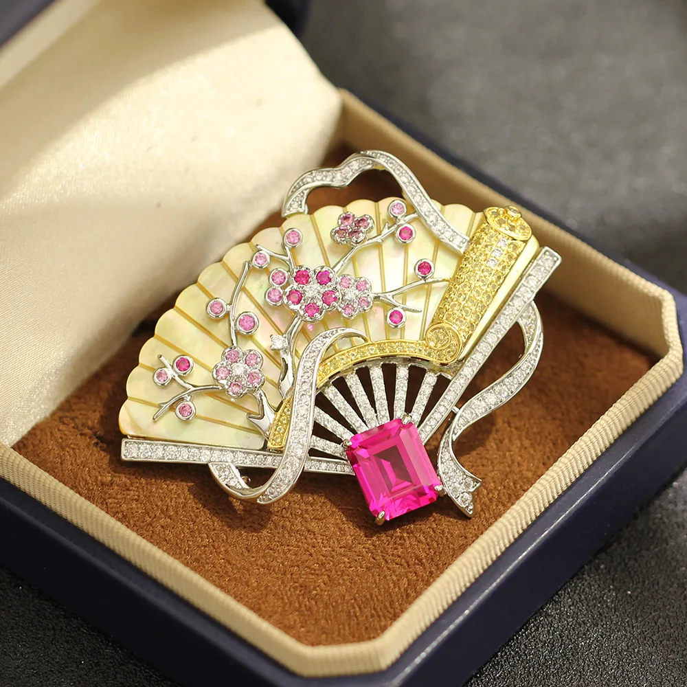 Yellow Shell Fan Plum Blossom Brooch, Pink Zircon Ribbon, Chinese Style Banquet Pin