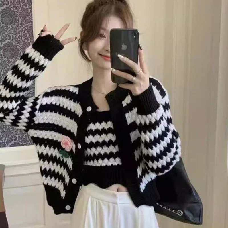 Femme Trend Sexy Knitting Two-piece Suit Autumn Winter Sweet Striped Patchwork O-neck Sweater Casual Camisole Screw Thread Tops