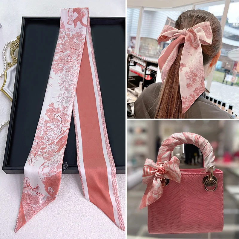 Chic French Luxury Sale Plants Jungle Animals Women\'s Twill Skinny Bag Scarves Fashion Hair Headband Neckerchief For Ladies