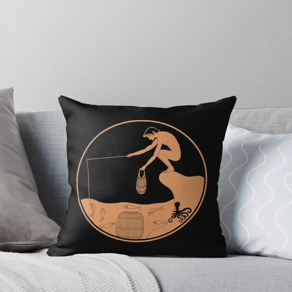 An octopus hiding from a fisherman - Ancient Greek collection. Throw Pillow Elastic Cover For Sofa Pillow