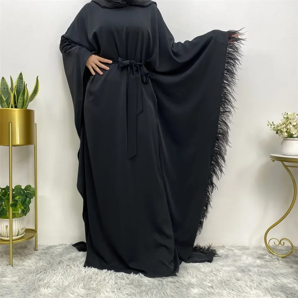 Dubai pluma elegancia Turquía Islam musulmán Kaftan vestido para mujeres nuevo Ramadán Eid Khimar lino mariposa Batwing Abaya Vistidos