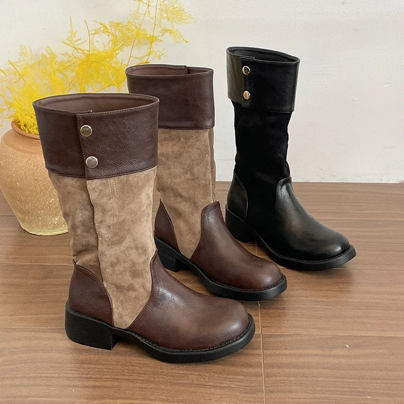 French Round-toe Studded Pleated Soft-sole Block Heel Shoes for Women Spliced Mid-tube Boots