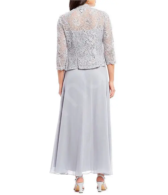 Customized Sophisticated Silver Lace Jacket and Flowing Chiffon Skirt Mother of the Bride Dress Elegant Wedding and Formal Event