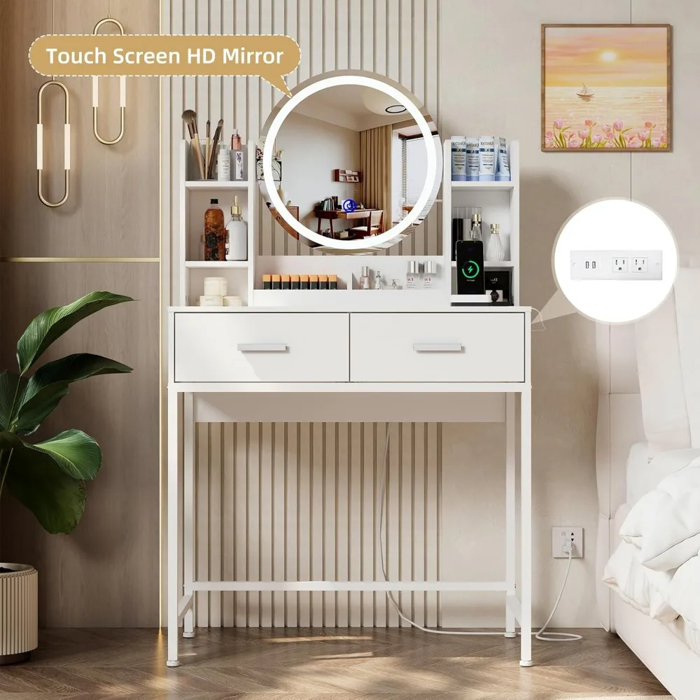 Dressing Table with Mirror and Lighting, Dressing Table with Charging Station and 2 Drawers, White Bedroom Furniture