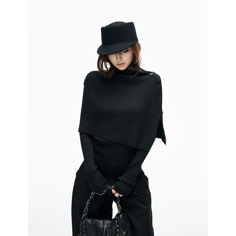 Vintage Black Sweater Women Streetwear Capes Patchwork Knitted Pullovers Harajuku Korean Long Sleeve Knitwears Winter Jumpers