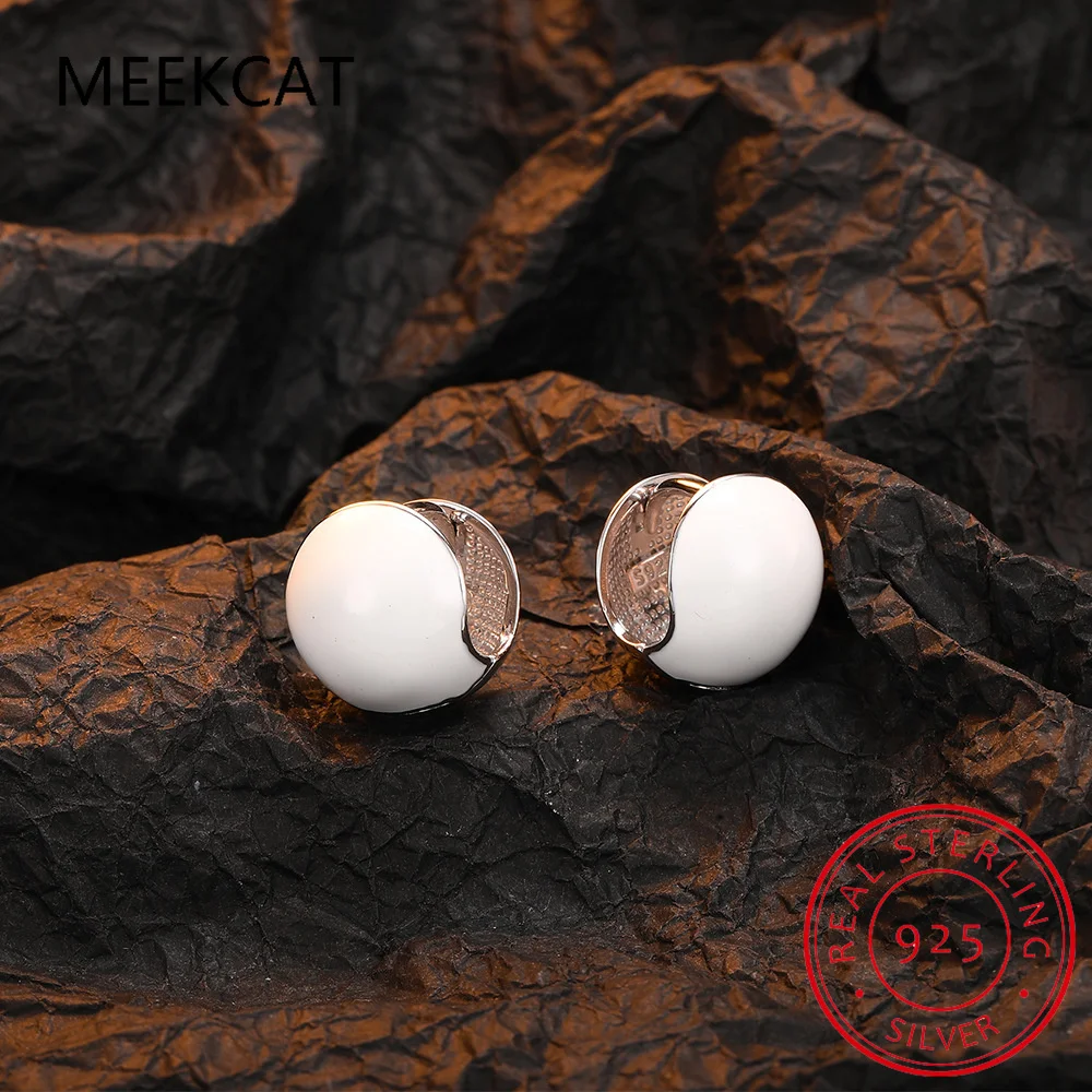 

Real 925 Sterling Silver Black/White Round Ball Huggies Hoop Earrings for Women Minimalist Fine Jewelry Personality Accessories