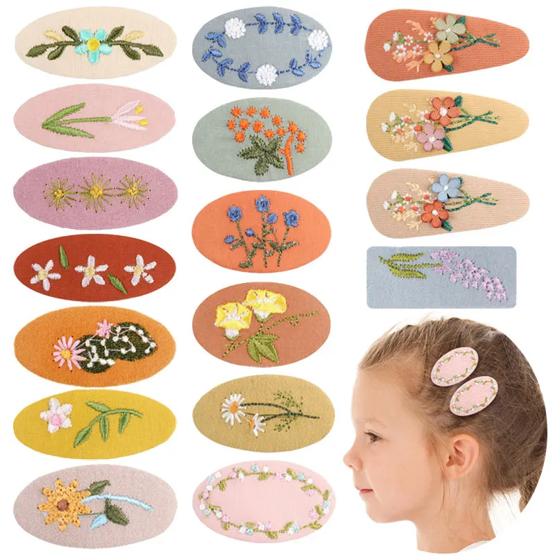 2PCS Embroidery Hair Clips Geometric Princess BB Hairpins Kids Flower BB Hairpin Barrettes Hair Ornaments Hair  Accessories