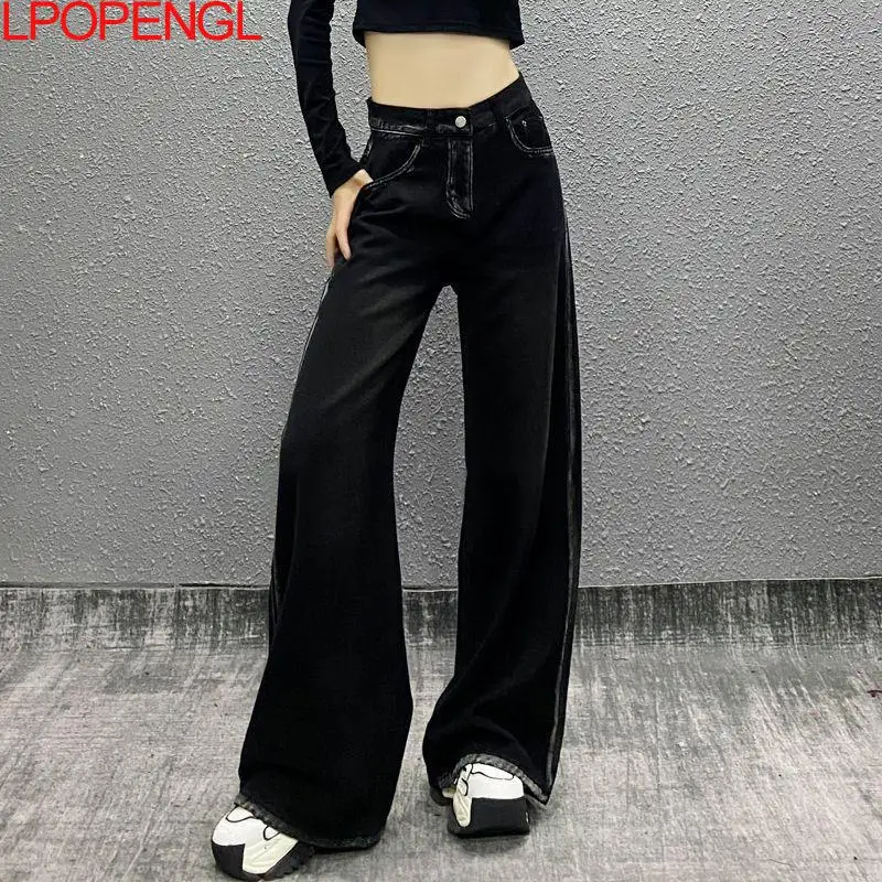 Personalized Side Color-blocked Casual Jeans For Women 2025 Spring High-waisted Loose Denim Trousers Straight Wide-leg Pants