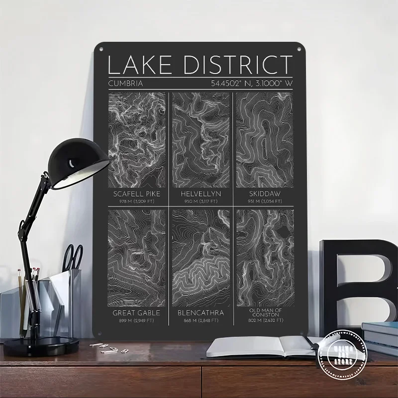 Lake District Mountains Topographic Contour Map Tin Plaque Poster Customized Retro Wall Art Vintage Metal Signs for Room Home