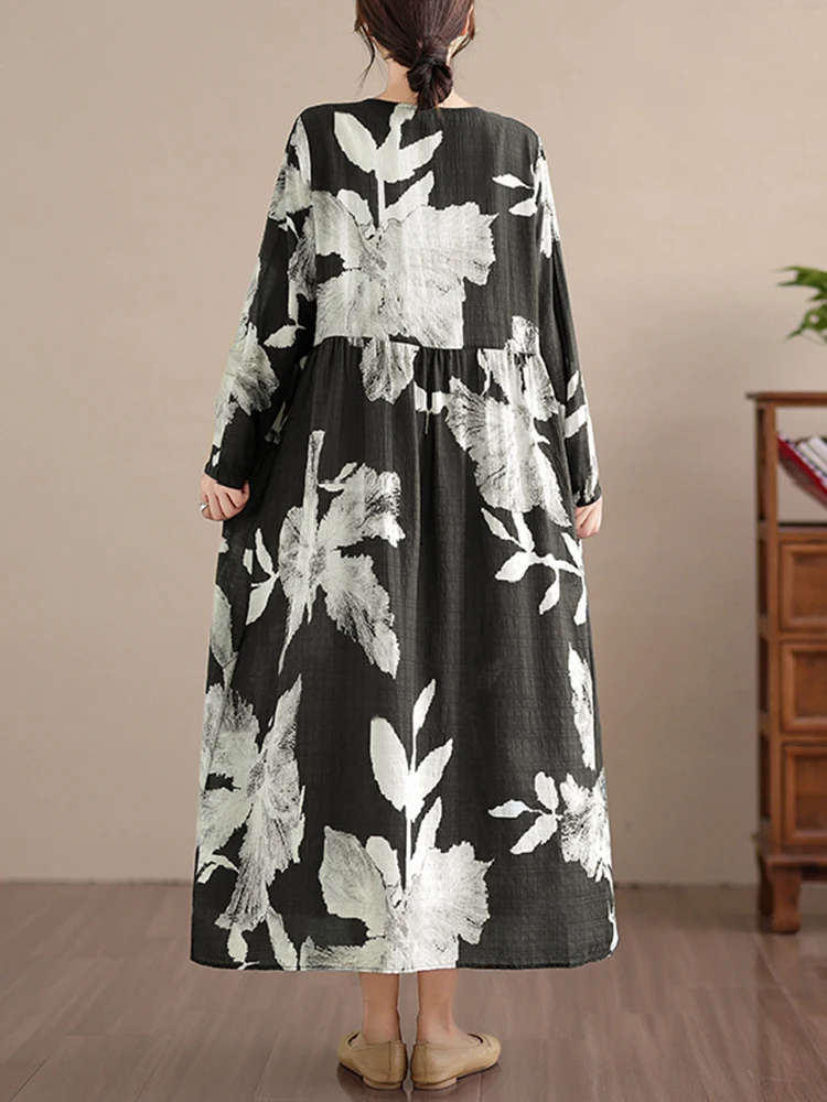 2025 ربيع الخريف قميص قطني بكم طويل طباعة فساتين خمر المرأة فستان طويل فضفاض غير رسمي مكتب سيدة Vestidos ملابس أنيقة