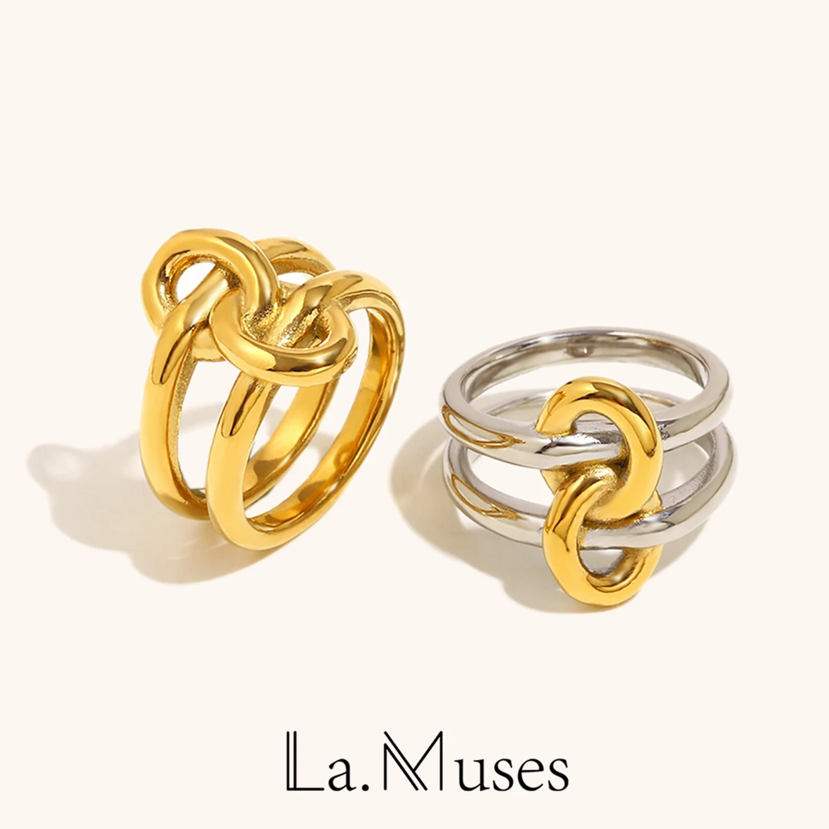 La. Muses Mixed Color Double-layer Knotted Stainless steel Women's Ring PVD Plated Fashionable Finger Jewelry Gift