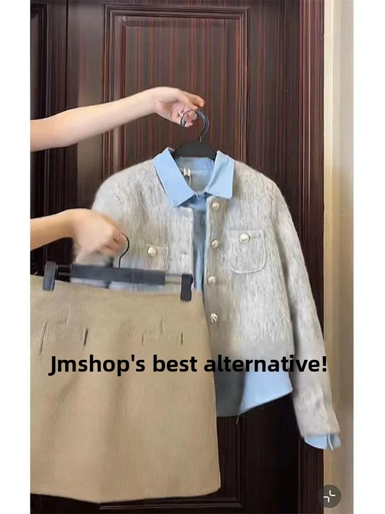 

Ele Faionable Women's Autumn Winter Tee-Piece Set with Denim irt And Skirt Long Sve Button up ort Coat