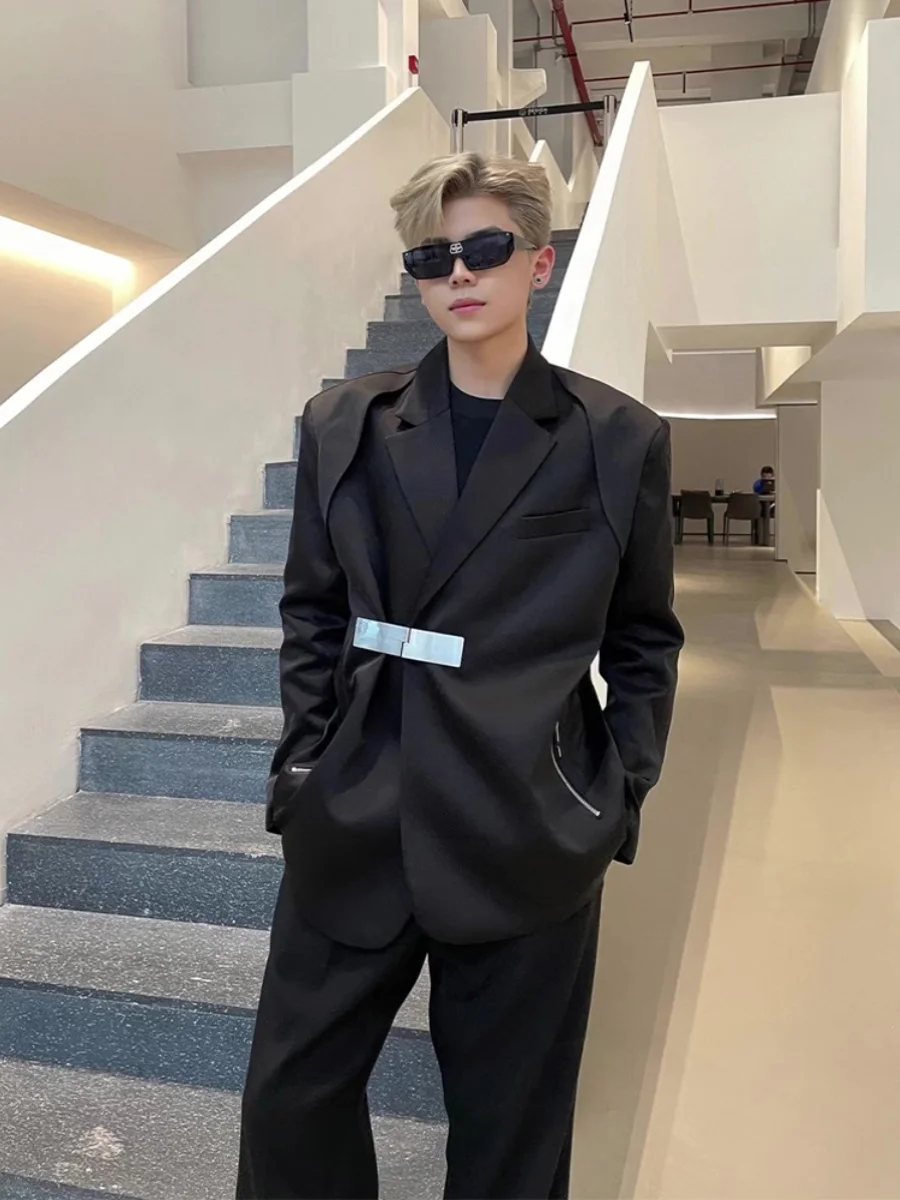 

Bla oulder Pad Suit Jaet for Men Spring Trendy Brand Metal Bule Men's Model Clothing Loose Fit Non-iron Procing Po...