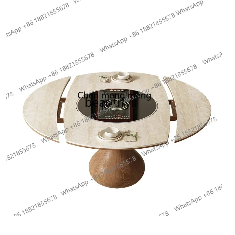ss7486 Slate solid wood embedded turntable induction cooker retractable square into round folding round table dining table house
