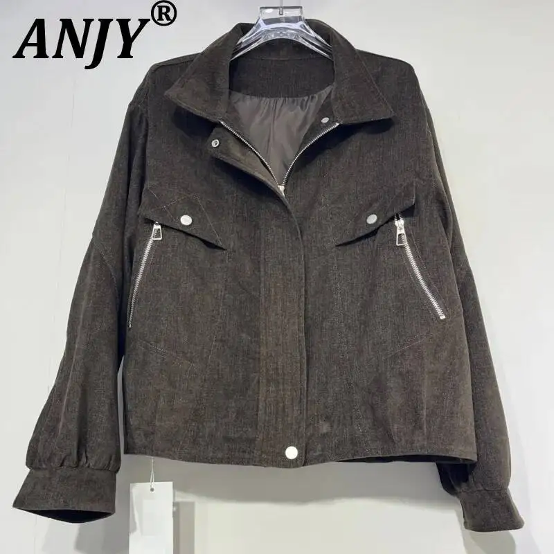 ANJY Spring Autumn New Women American Style Retro Zipper Pocket Turn-down Collar Denim Jacket Trendy Loose Versatile Coat A25219