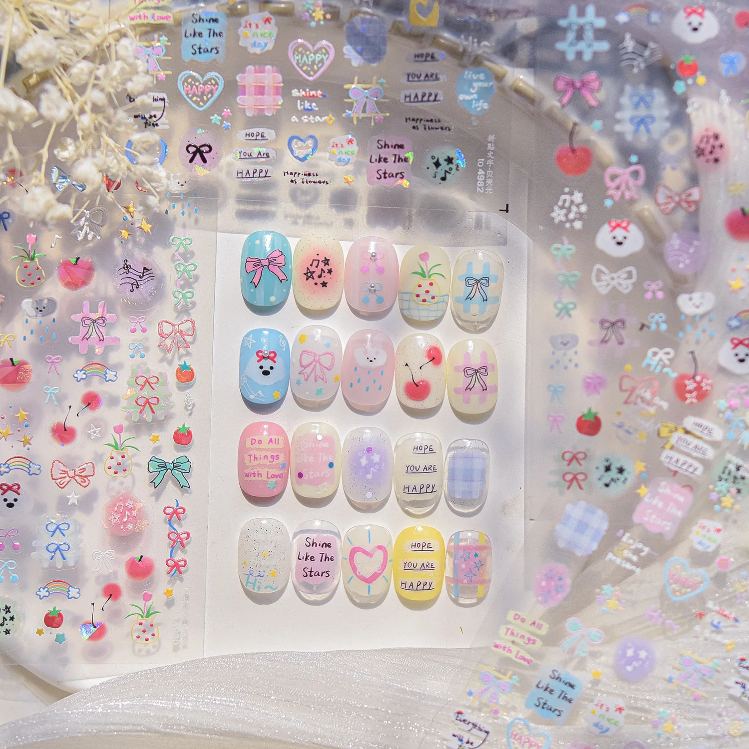 1sheet Macaron Color Cute Puppy Nail Stickers Relief Bear Bow Colorful Graffiti Nail Decals Kids Kawaii Birthday Nail Decoration