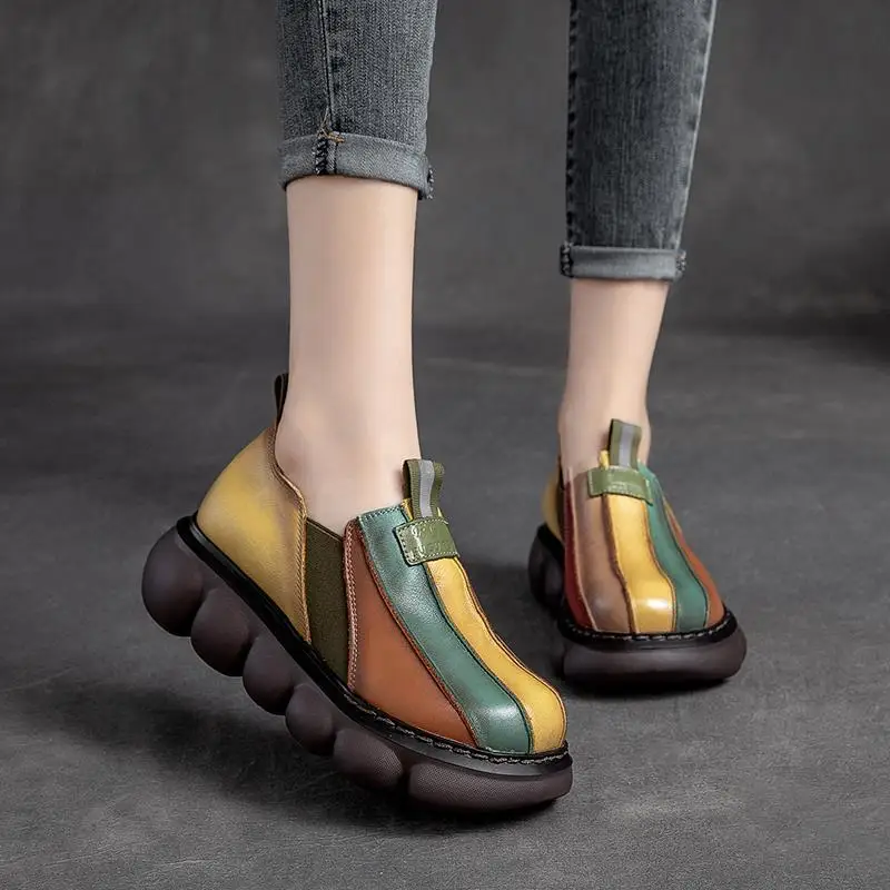 Autumn 2024 New Fashion Ethnic Style Retro Handmade Rainbow Color Female Leather Thick Sole Cake and Casual Shoes